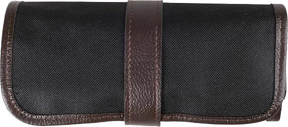BACK Roll Pencil Bag, 36 Compartments, Black Fabric and Brown Leather, Velcro
