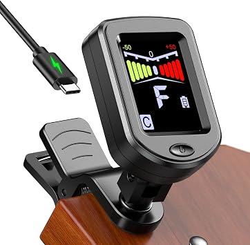 New Bee Clip-On Guitar Tuner Rechargeable with Color Screen 360 Rotatable Chromatic Tuner for Guitar, Bass, Ukulele, Violin (Black, 1 Pack)