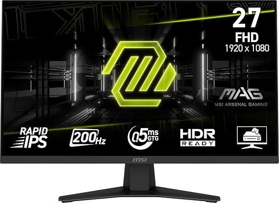 msi MAG 274F 27-inch 1920 x 1080 (FHD) Gaming Office Monitor, 200Hz, AMD FreeSync Premium, HDR Ready, HDMI, VGA Port, VESA, Tilt, 0.5ms, Black | Rapid IPS,1920 x 1080,1.07 Billion Colors,Adaptive Sync,