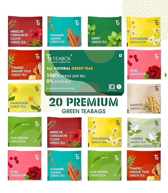 Teabox Green Tea Sampler Bags | 100% Natural I Immunity Boosting Sampler Pack | USDA Certified Organic Green Tea (20 Count (Pack of 1))