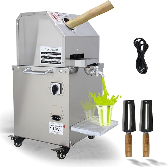Electric Sugar Cane Juicer Machine, 3 Rollers, 660lbs/H Capacity | 110V Stainless Steel Sugarcane Juice Extractor with 4 Casters, 2 Peeling Knives, for Home/Commercial, 0.8KW