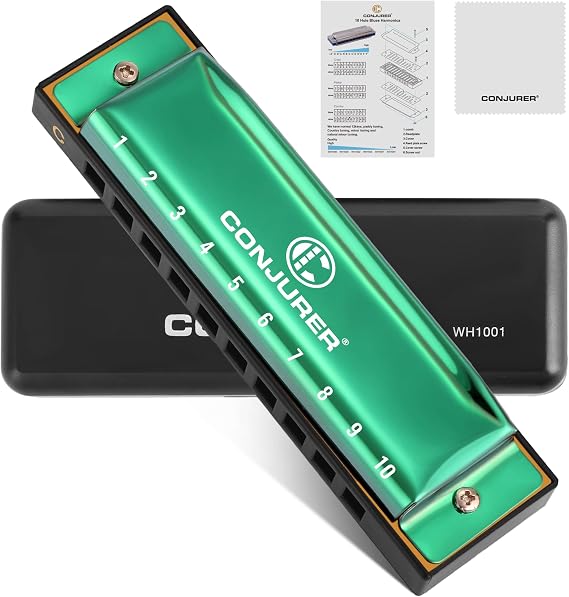 CONJURER Blues Harmonica for Adult Beginners 10 Holes C Key Diatonic Harmonica for Practicing and Playing, Brass Reed Metal Mouth Organ, with Case, Green | With Brass Reeds, Portable Case, Beginner Mouth Organ for Kids Teenagers Adults, Ideal Gift for Practice Stage Play