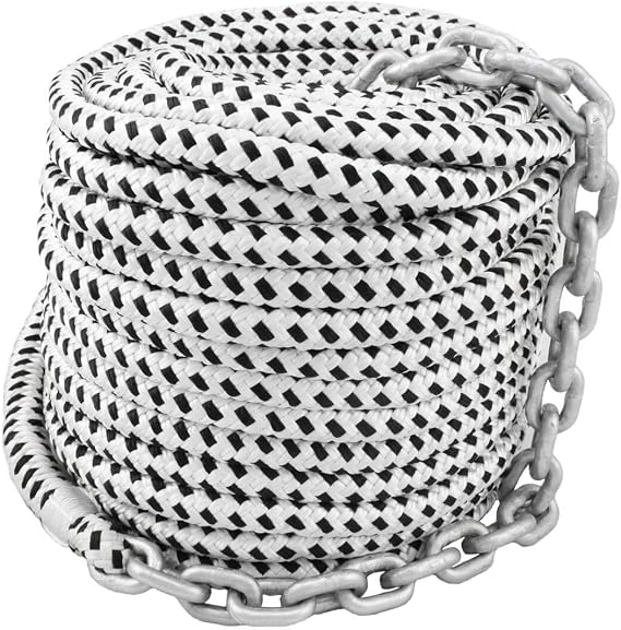 Double-Braided Nylon Windlass Anchor Rope with Galvanized Chain Prespliced 1/4" HT G4 Chain 150 ft or 200 ft Rode 15 ft Chain 1/2" Rope Windlass Ready