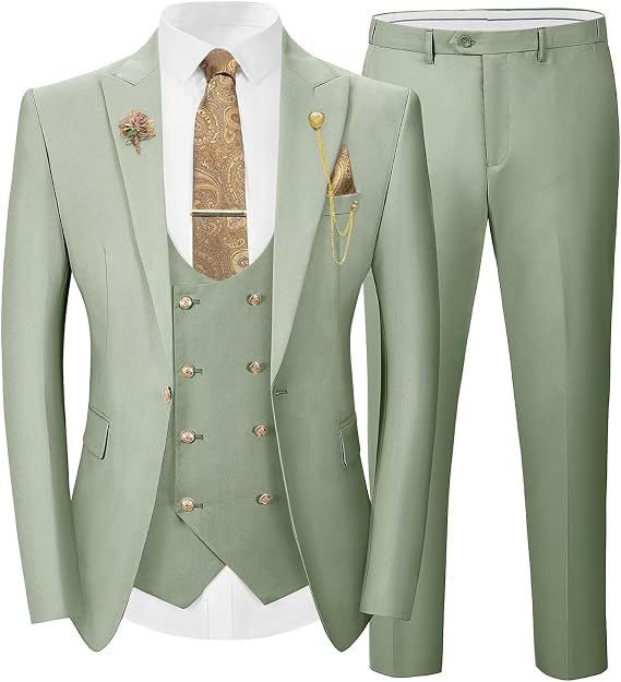 Wangyue 3 Pieces Suits for Mens Slim Fit Gold Button Double Breasted Suit Men Tuxedos Wedding Suits Set Mens White Suit