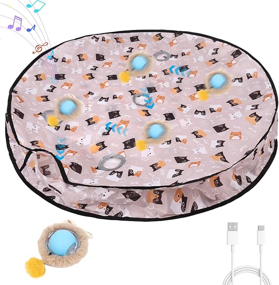 ETACCU Interactive Cat Toys for Indoor Adult Cats, 3 Mode Automatic Random Rolling Ball Kitten Toys in Pouch, 5 Holes Hide and Seek Mat Mouse Catching Game for Adult Cats and Kittens