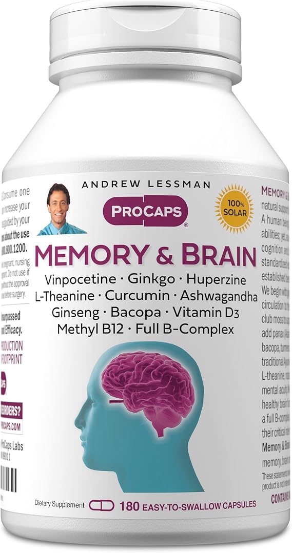 ANDREW LESSMAN Memory & Brain 180 Capsules Naturally Supports Brain, Memory and Mental Acuity. with Ginkgo Biloba, Ashwagandha, Bacopa, Curcumin, Ginseng, B-Complex, Vitamin D3