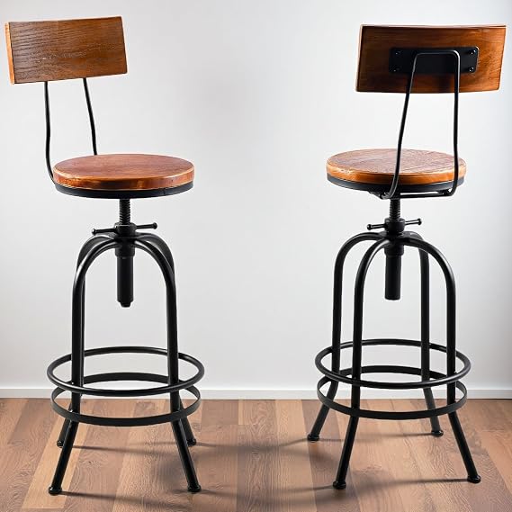 Industrial Bar Stool-26-32 Inch Adjustable Swivel Round Wood Metal Kitchen Stool Rustic Farmhouse Counter Height Extra Tall Bar Height Stool-Arc-Shaped Backrest,Welded,Set of 2