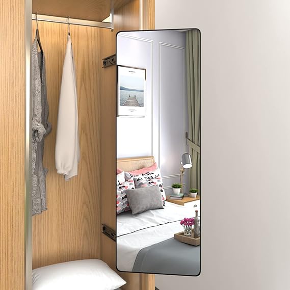 Full Length Invisible Pull-Out Mirror, Push-Pull Telescopic Sliding Rotating Vanity Mirror,Standing Bracket Wall-Mounted Mirror for Wardrobe Full Body Mirror(90x40cm(35x16in), Black)