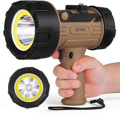 XINXI Rechargeable Spotlight 1,000,000 Lumens with COB Floodlight, IP67 Waterproof Spotlight Flashlight, Long Runtime Handheld Spot Light with Red Filter,Outdoor Spot Light for Hunting,FishingBrown