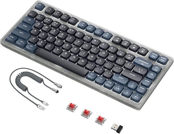 ATTACK SHARK Low Profile Mechanical Keyboard,75% TKL Wireless Keyboard with 81 PBT Keycaps,Tri-Modes BT5.0/2.4G/Custom Coiled Cable,White LED Backlit Keyboard for PC Mac Phone Tablet-Red Switch