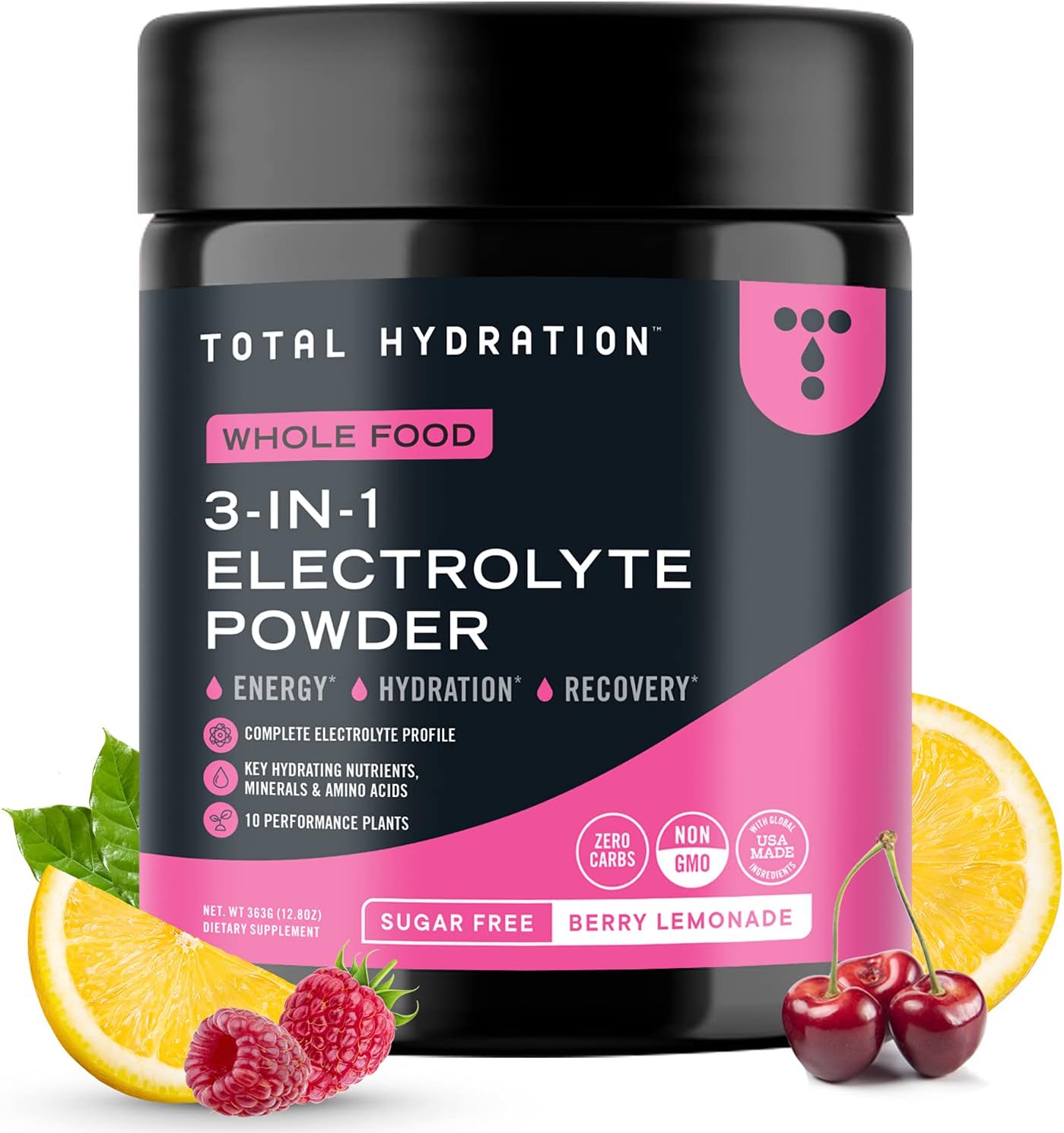 3-in-1 Electrolyte Powder - Sugar Free Low Carb Electrolyte Powder - Keto Electrolytes Hydration Powder - Whole Food Electrolytes Powder Drink Mix in Berry Lemonade, 363g [30 Servings]