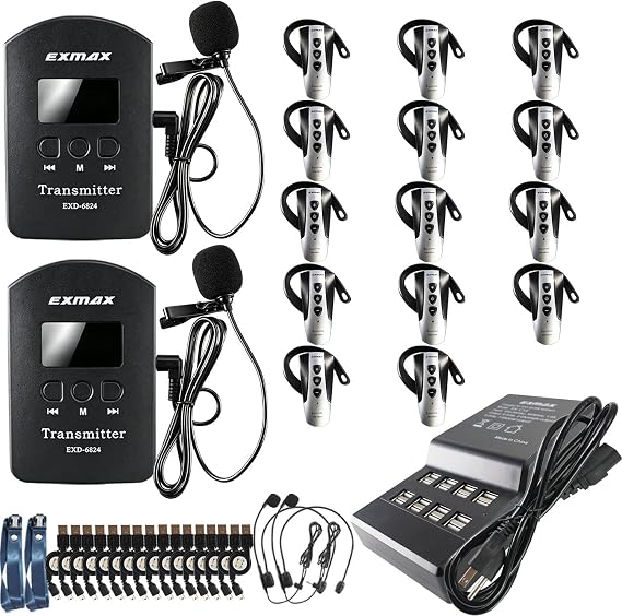 EXMAX 2.4G Wireless Audio Tour Guide System Overear Ear-Hook Receiver for Language Interpretation Training Teaching Silent Conference Simultaneous Church Translation Trip(2 Transmitters 14 Receivers)