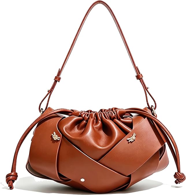 Gold Drawstring Bag for Women Evening Bucket Purse Woven Pu Leather Hobo Handbag Cloud Clutch Purse