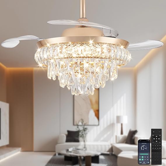 LEONTYNE 36 Inch Retractable Gold Crystal Ceiling Fan with Light, Dimmable LED Fandelier 3000K-6500K, Quiet 6-Speed DC Motor, APP & Remote Control, Luxury Chandelier Fan Light for Bedroom Living Room [Energy Class E]