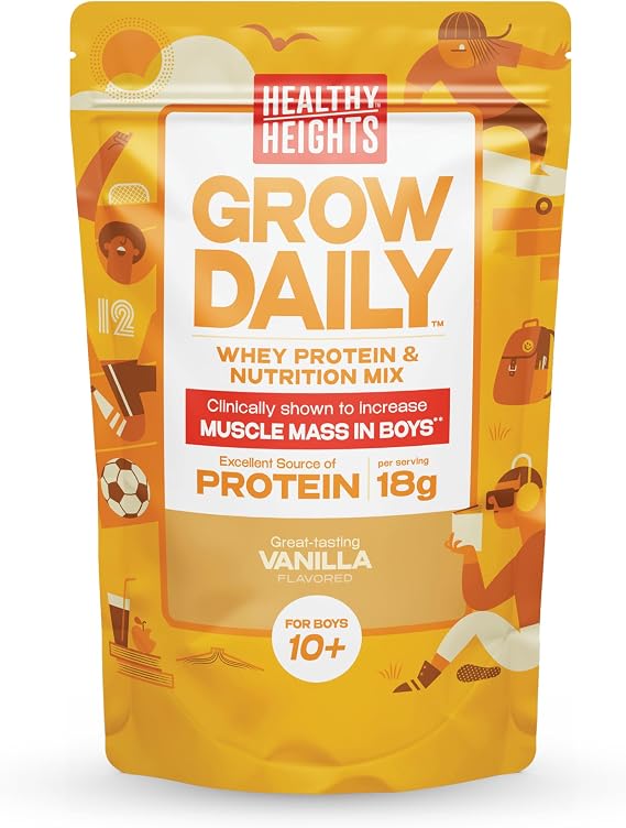 Healthy Heights Grow Daily Kids Protein Drink Mix (Vanilla) - High Protein Shake for Boys 10+, 21.6 oz
