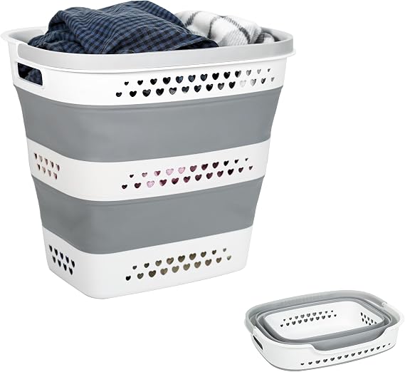 Collapsible Laundry Basket 43L Foldable Space Saving Hamper, Grey