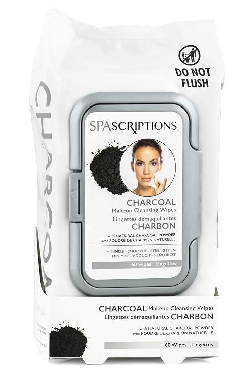 SpaScriptions Charcoal Cleansing Facial Wipes - Deep Cleansing, Purifying, Makeup Remover Wipes for Pore Cleansing, Impurities & Oil Control, Daily Use Face Wipes for All Skin Types, 1-Pack (60ct)