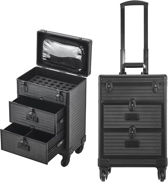 BTGGG Makeup Trolley Professional Beauty Trolley on Wheels with 2 Drawers Lockable Cosmetic Vanity Case Hairdressing Trolley, Black Make Up Case, Beauty Nails Case, Gift for Mothering Sunday