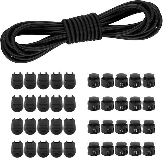 3mm x 10M Black Elastic Cord, with 30 Cord Stoppers And 30 Cord Clips