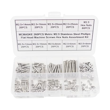 260PCS Metric M2.5 Stainless Steel Phillips Flat Head Machine Screws Hex Nuts Assortment Kit