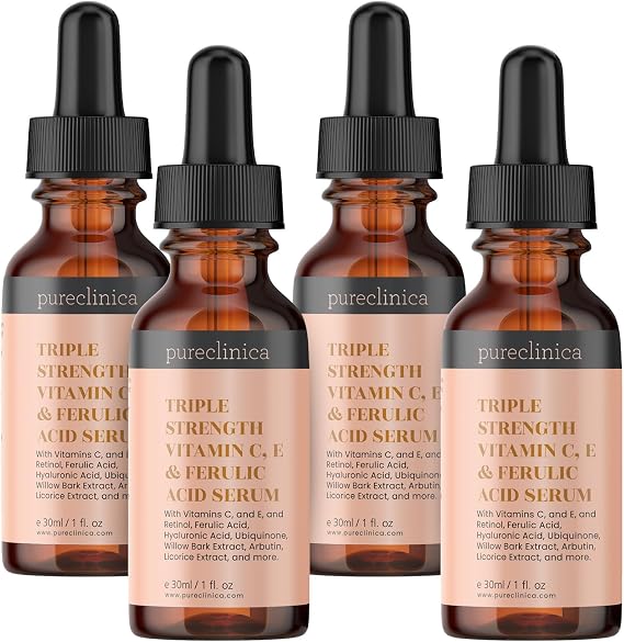 Triple Strength Vitamin C, E & Ferulic Acid Serum (w/Retinol & double weight Hyaluronic Acid) – 30ml / 1 fl oz (4 bottles)