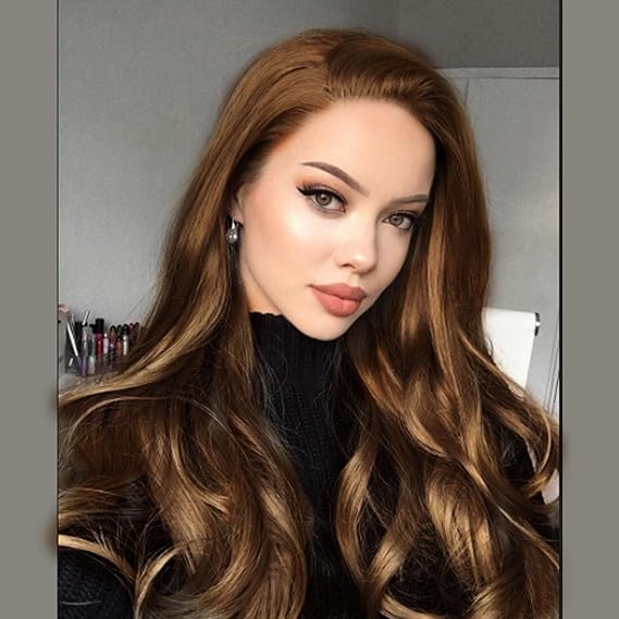 Chocolate Brown Lace Front Wigs for Women Dark Brown Synthetic Lace Front Wig Long Wavy Light Real Hair Wigs Coloured 13x4 Lace Wigs Pre Plucked Glueless Lace Wig Heat Resistant Cosplay Drag 22Inch