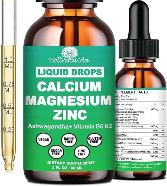 Calcium Magnesium Zinc Liquid Drops, Calcium Supplement with Vitamin D3 K2