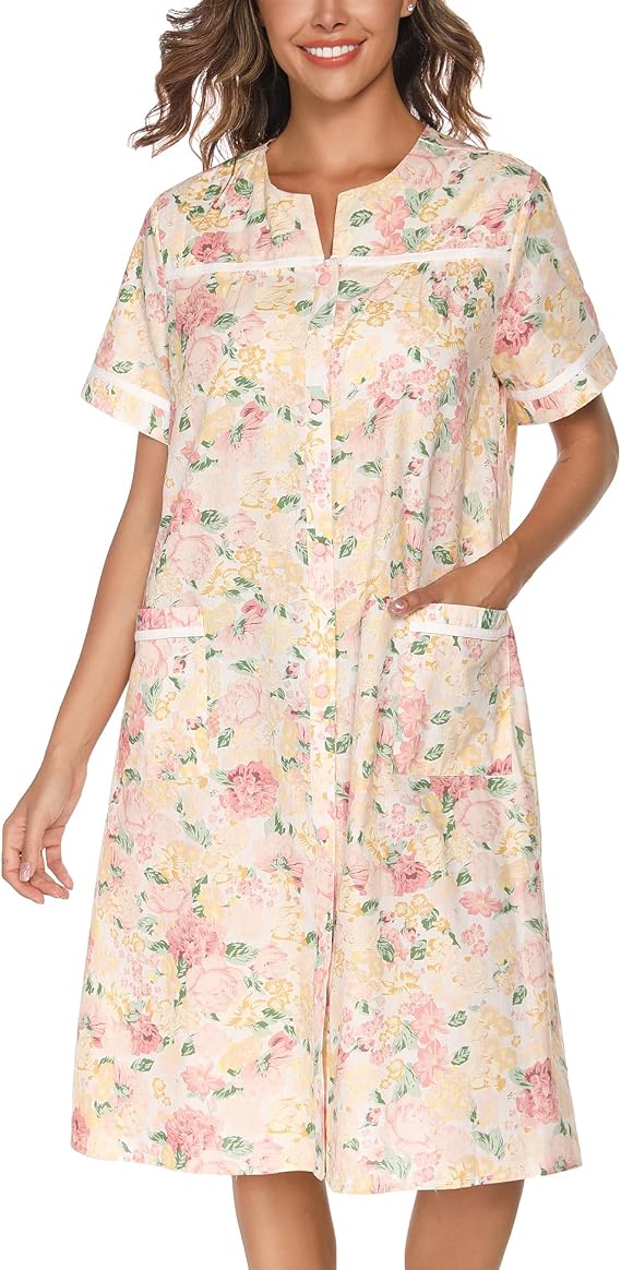 YOZLY Cotton Nighties for Women Button Front Nightdress Short Sleeve Ladies Nightdress with Pockets Soft House Dress Nightwear