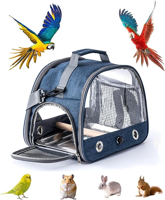 Bird Travel Carrier Cage Portable Bird Parrot Parakeet Cockatiel Travel Carrier Bag Lightweight Birds Backpack with Standing Perch and Stainless Tray for Vet Visit Side Access Window(Navy Blue)