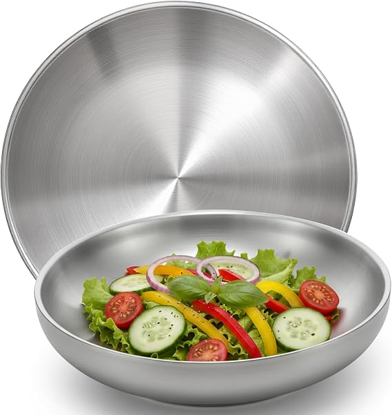 WUWEOT 2 Pack Double Layered 304 Stainless Steel Dinner Plate, 8.7"x 2" Metal Round Salad Bowl, Frosted Dessert Plate with Non-slip Base for Homr Kichten, Camping, Picnic, Snack and BBQ