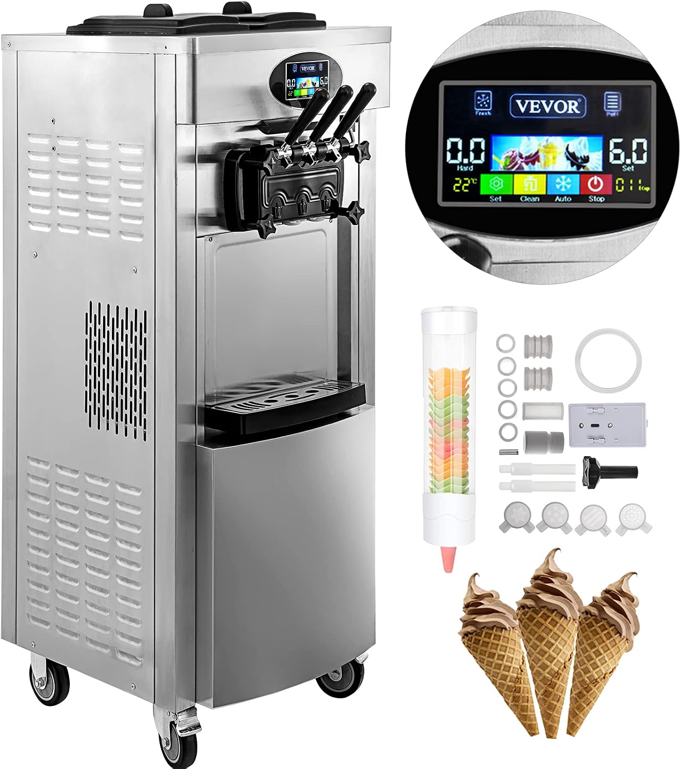 VEVOR 2200W Commercial Soft Ice Cream Machine 3 Flavors 5.3 to 7.4Gallon per Hour PreCooling at Night Auto Clean LCD Panel for Restaurants Snack Bar, Sliver