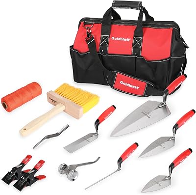 Goldblatt 12PC Masonry Hand Tool Set Organized in Tool Bag - PhiladelphiaPointingMarginTuck Pointing Trowel, Skate Wheel Joint Raker, Convex Brick Jointer, String Line & Jag-clamp, Masonry Brush