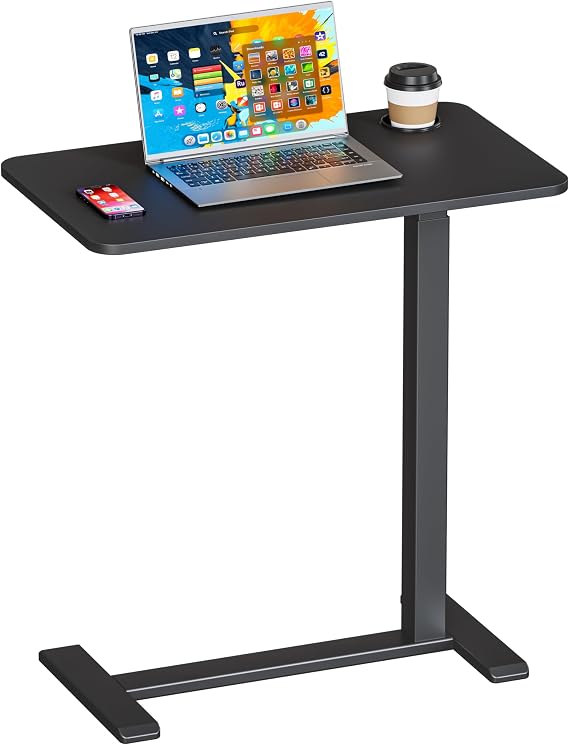 Okin Adjustable Bedside Table with Swivel Hidden Wheels Pneumatic Rolling Desk Mobile Standing Desk with Cup Holder for Hospital Home(27.6"x15.8" Black)
