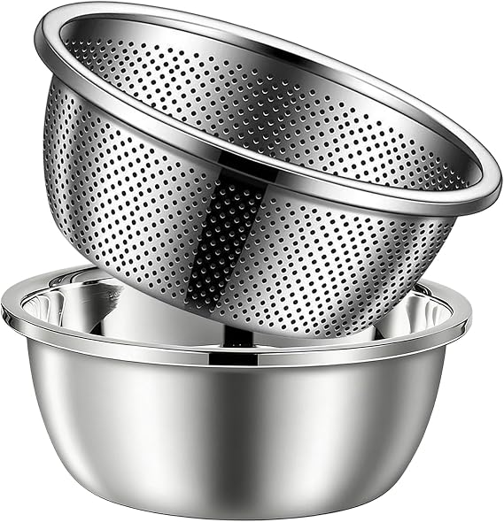304 Stainless Steel Colander,Rice Colander Mixing Bowl Set,Food Safe Rice Drainer & Wash Basin,Deep Nesting 10.2 x 10.2 x 4.3 inch Multifunctional Kitchen Strainer for Washing, Draining, Prep