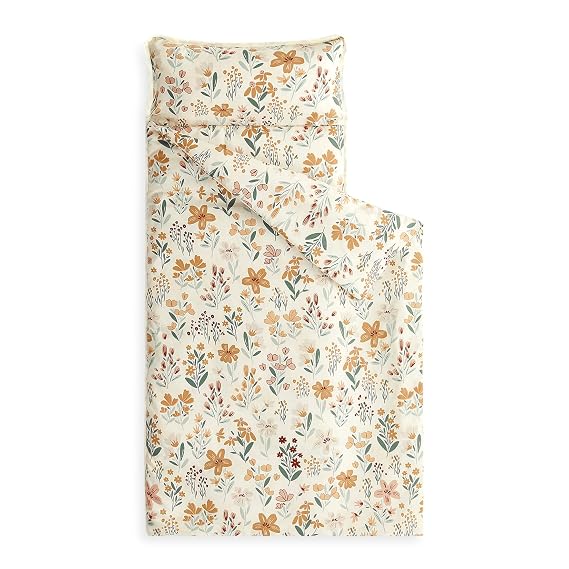 Wake In Cloud - Toddler Nap Mat with Pillow and Blanket, for Kids Girls in Kindergarten Daycare Preschool Pre K, Roll Up Sleeping Bag, Floral Botanical Flowers, Orange Cream, Standard