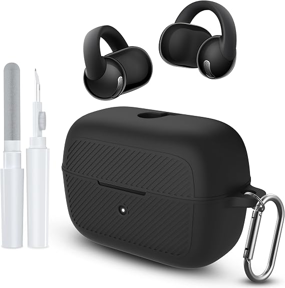 for Soundcore C50i Case, Scratch Shock Resistant Silicone Protective Cover Compatible with Soundcore C50i by Anker Open-Ear Earbuds Charging Case with Carabiner & Cleaner Kit (Black)