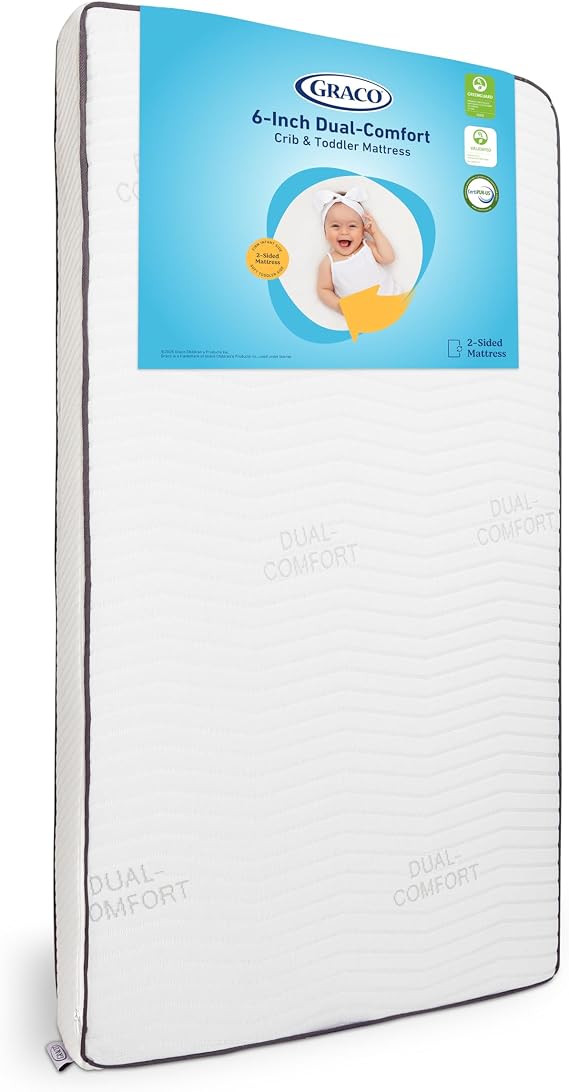 Graco 6-Inch Dual-Comfort Crib & Toddler Mattress - GREENGUARD Gold, CertiPUR-US Certified Foam, Machine Washable Cover with 100% Waterproof Surface, Fits Standard Full Size Baby Crib and Toddler Bed