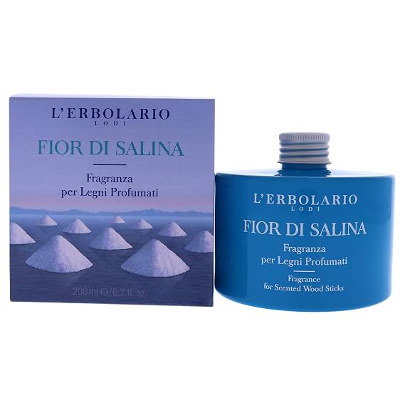 L'Erbolario - Fior Di Salina - Fragrance Wooden Reed Diffuser - Long-Lasting Citrus, Water Scent - Decorative, Room Fragrance for Bedroom, Bathroom Office, 6.7 oz, (I0100089)