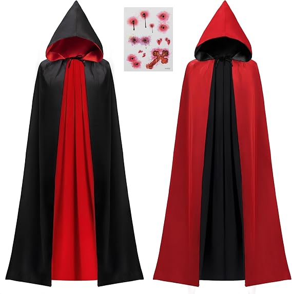 JOYIN Halloween Vampire Cape with Hood Accessory Set, Vampire with Hood Costume, Reversible Hooded Cape Cloak and Tattoo Scar for Adult Unisex for Transylvania Dracula Theme Party Broadway Costume