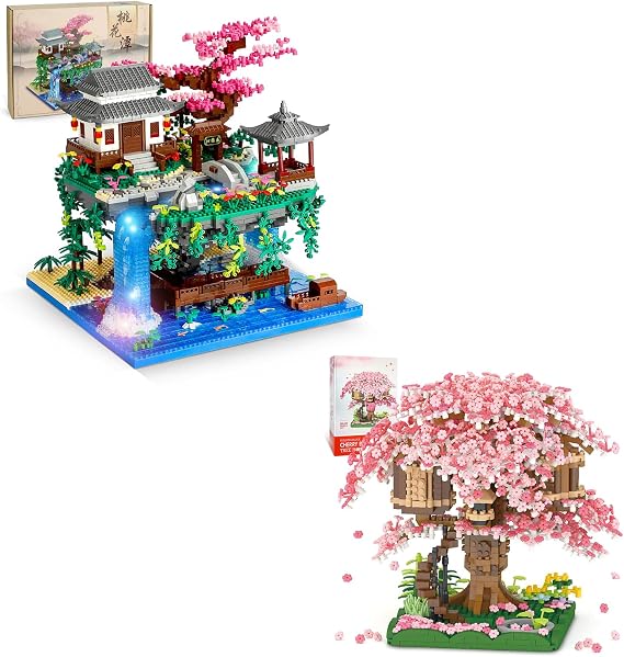 NEWABWN Chinese Architecture Micro Building Kits (Peach Blossom Pond & Flowers Treehouse)