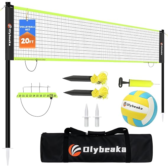 Portable Outdoor Volleyball Net Set 20FT / 32FT, 4 Adjustable Heights | Complete Volleyball System with PE Net, PU Volleyball, Pump, Poles and Carry Bag for Backyard, Beach, Park and Family Games.