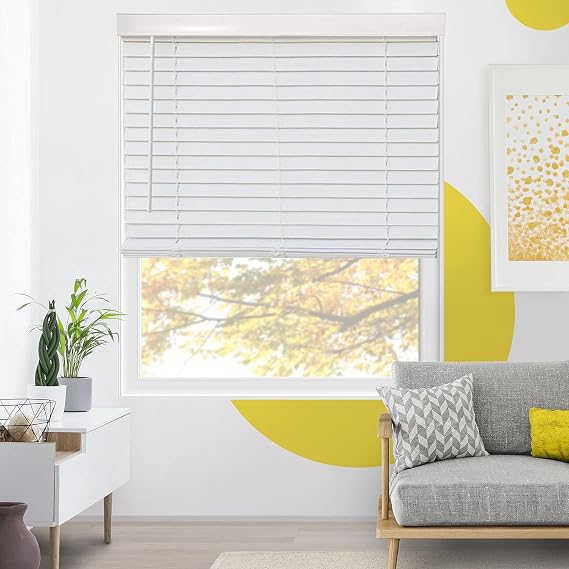 Cordless Faux Wood Blinds, Wooden Blinds for Indoor Windows, Basic White, 12" W x 48" H by YELLOW BLINDS