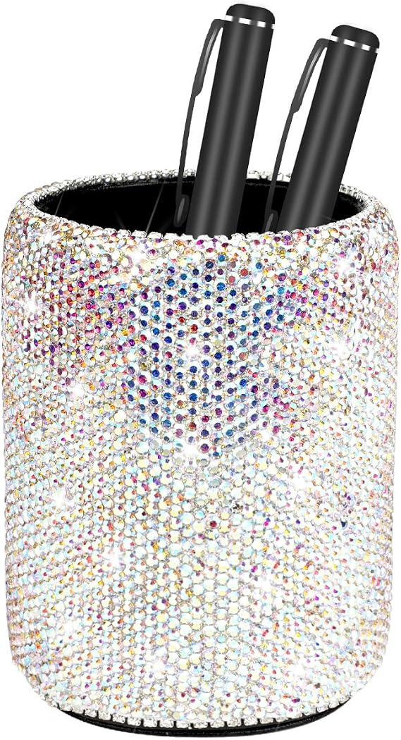 Crystal Pencil Pen Pot Holder Box Bling Rhinestone Pen Organizer Holder Cosmetic Pencil Container Comb Brushes Personalized (Round)(AB Color)