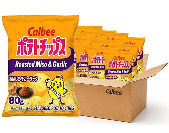 Calbee Potato Chips (Roasted Miso & Garlic, 2.8 oz) | Taste The Tradition of Japanese Snacks | Enjoy These Irresistible & Deliciously Crunchy Japanese Chips (6-Pack)