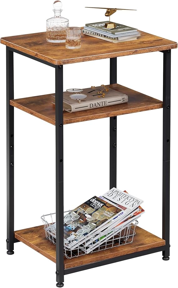 WLIVE 3-Tier Small Table, Adjustable Tall Side Table, Rustic Brown | 3-Tier Storage, Adjustable Shelf, Steel Frame, 19kg Top Shelf, Small End Table for Living Room/Bedroom/Home Office