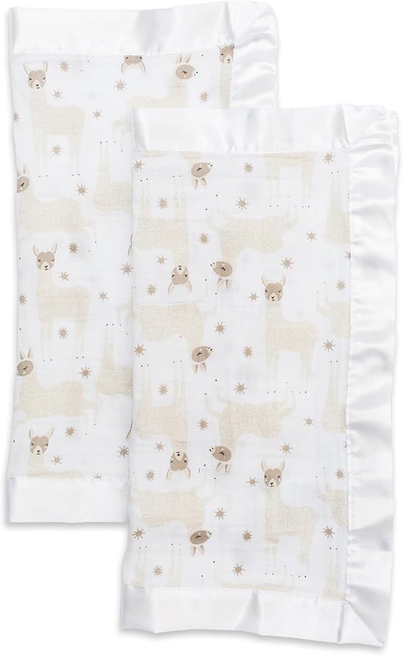 Lulujo Baby Security Lovie Blankets| Unisex Softest Breathable Cotton Muslin Security Blanket with Silky Satin Trim| Neutral Comforting Blanket for Girls & Boys | 16in by 16 in| Llama