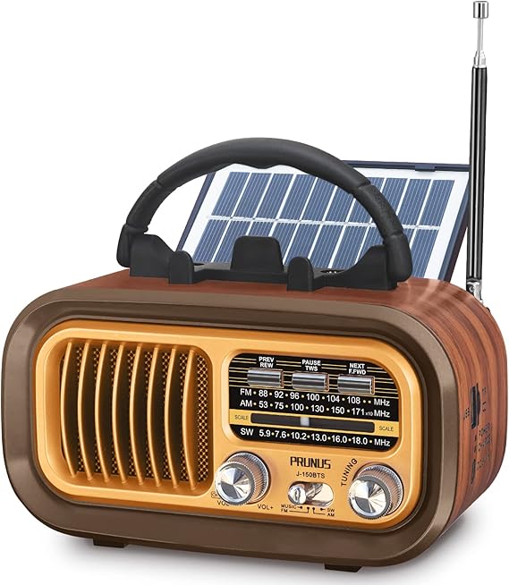 PRUNUS J-150 Portable Radio AM FM SW Bluetooth Speaker,TF Card/USB Playback | Retro Radios Vintage Transistor with Best Sound, Solar/D Battery Operated/USB Charging, TWS