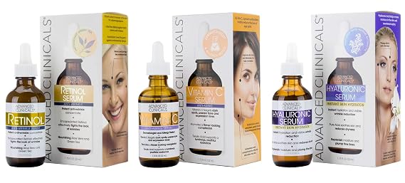 Advanced Clinicals Retinol Anti-Aging Facial Serum + Vitamin C Brightening Facial Serum + Hyaluronic Acid Hydrating Facial Serum Set