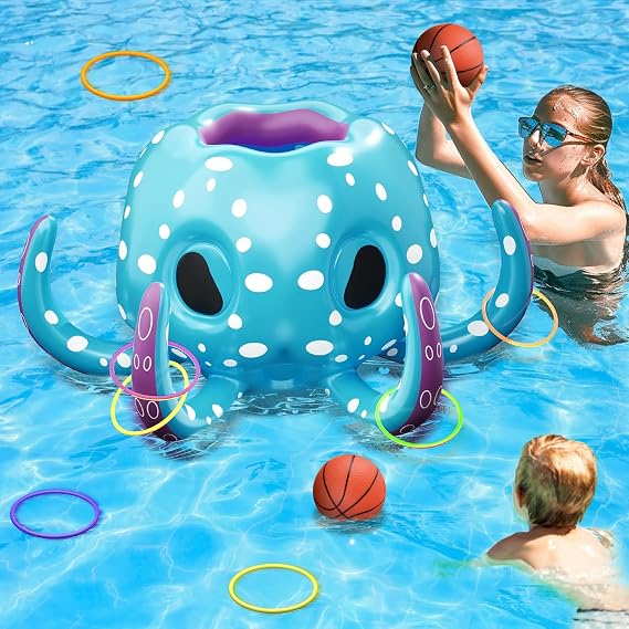 KAHEIGN 80CM Inflatable Octopus Pool Toys, 2-in-1 Inflatable Basketball Hoop & Ring Toss Games - Inflatables Float Water Game for Kids Adults Summer Lake Beach Water Games Party Gift (Blue)