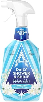 Astonish Daily Shower Shine White Lilies Cleaning Spray - No Scrub After Shower Spray Foam Prevents Watermarks & Limescale Buildup - Vegan Cruelty-Free Household Cleaning Products, 750ml Spray Bottle